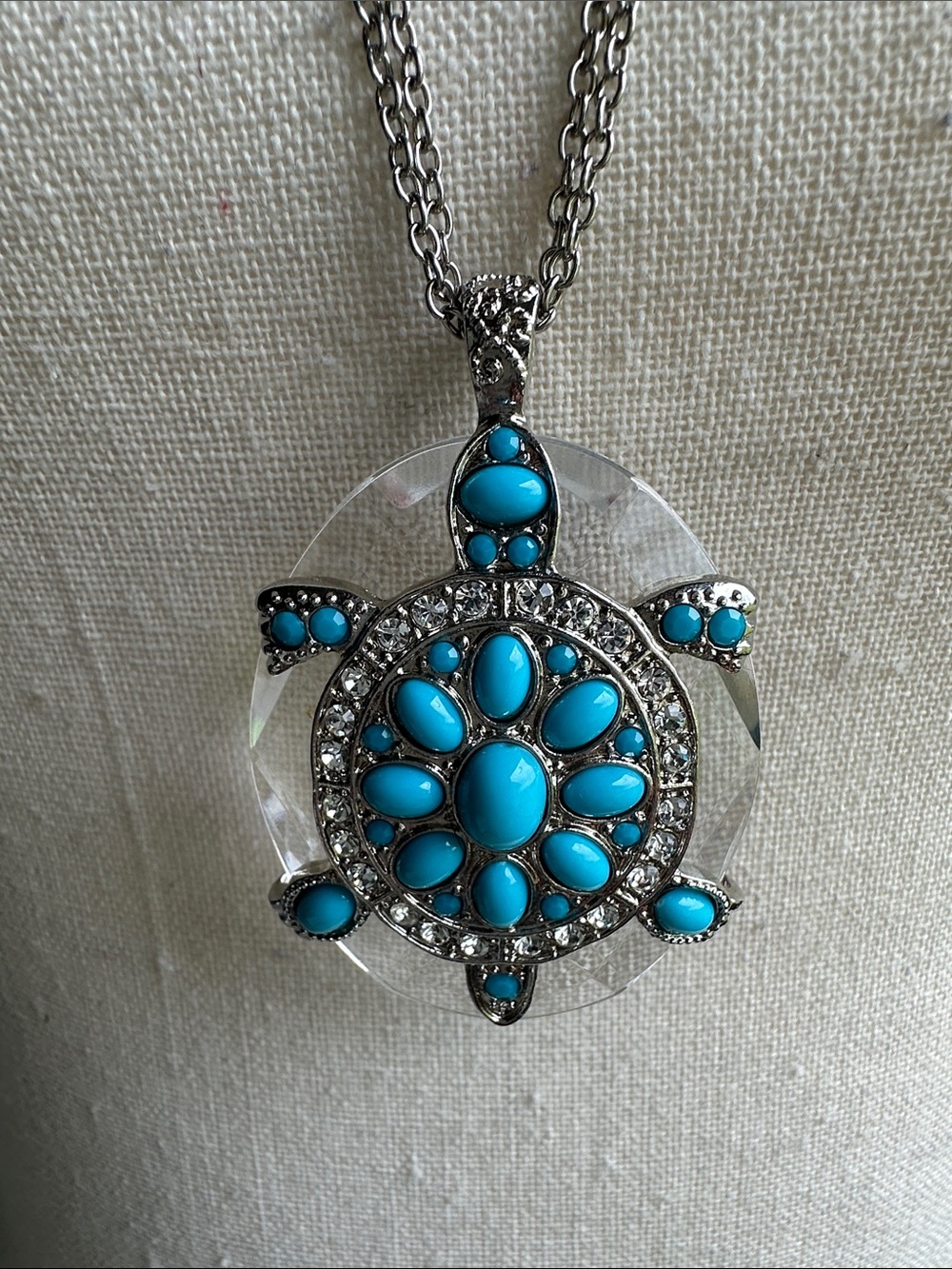 Vintage Style Faux Turquoise Clear Crystal Sea Turtle Pendant Necklace
